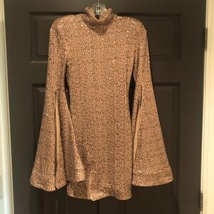 Stunning sequined flare sleeve copper colored form fitting high neck mini dress